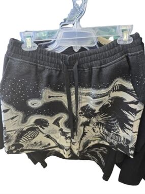 Black Graphic Drawstring Shorts with Skeleton & Angel Print